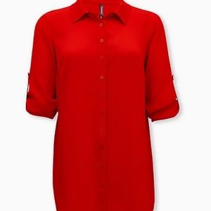 Red crinkled gauze mini shirt dress swim cover up